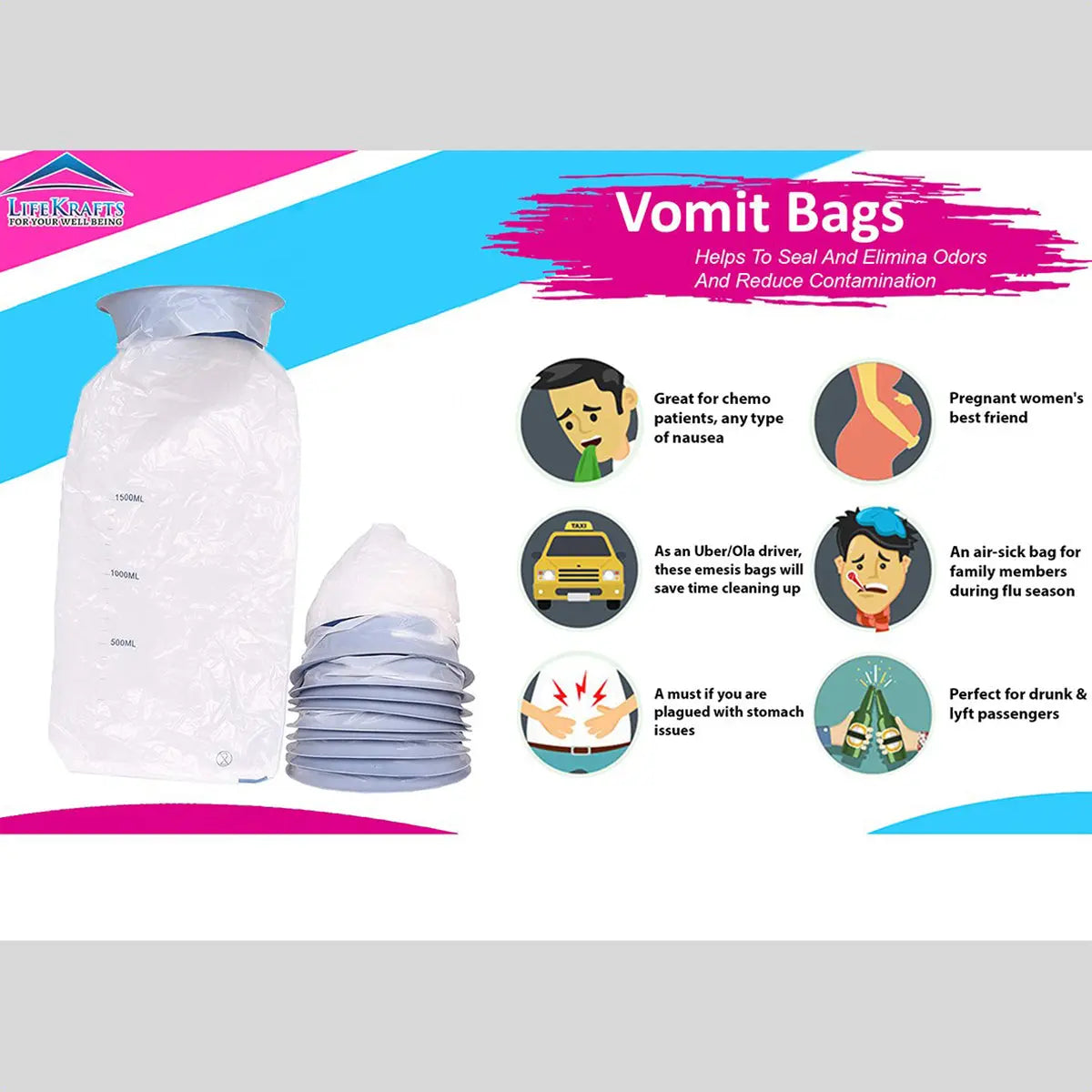 Vomit Bags Disposable | Emesis Bag | Pack of 20 | LifeKrafts Vomit Bags LifeKrafts