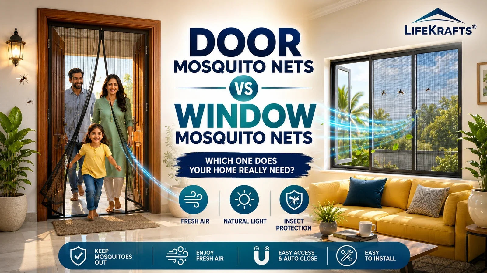 Comparison of door mosquito nets and window mosquito nets in a modern home with a family, showing natural ventilation and insect protection