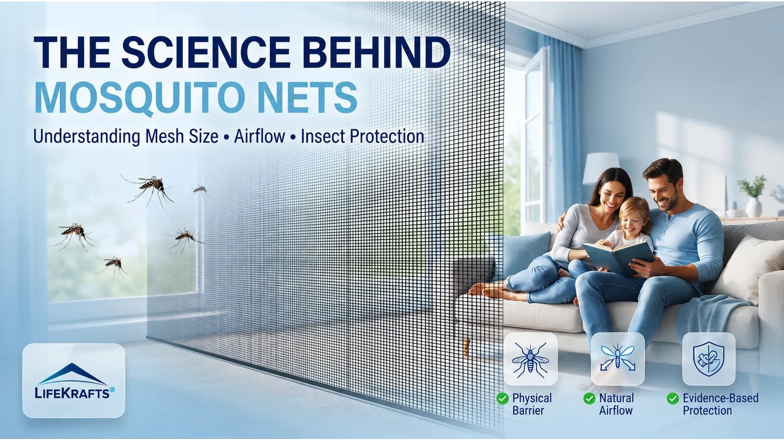 Illustration explaining the science behind mosquito nets, showing protective mesh blocking mosquitoes while allowing natural airflow into a modern home where a family reads comfortably indoors.