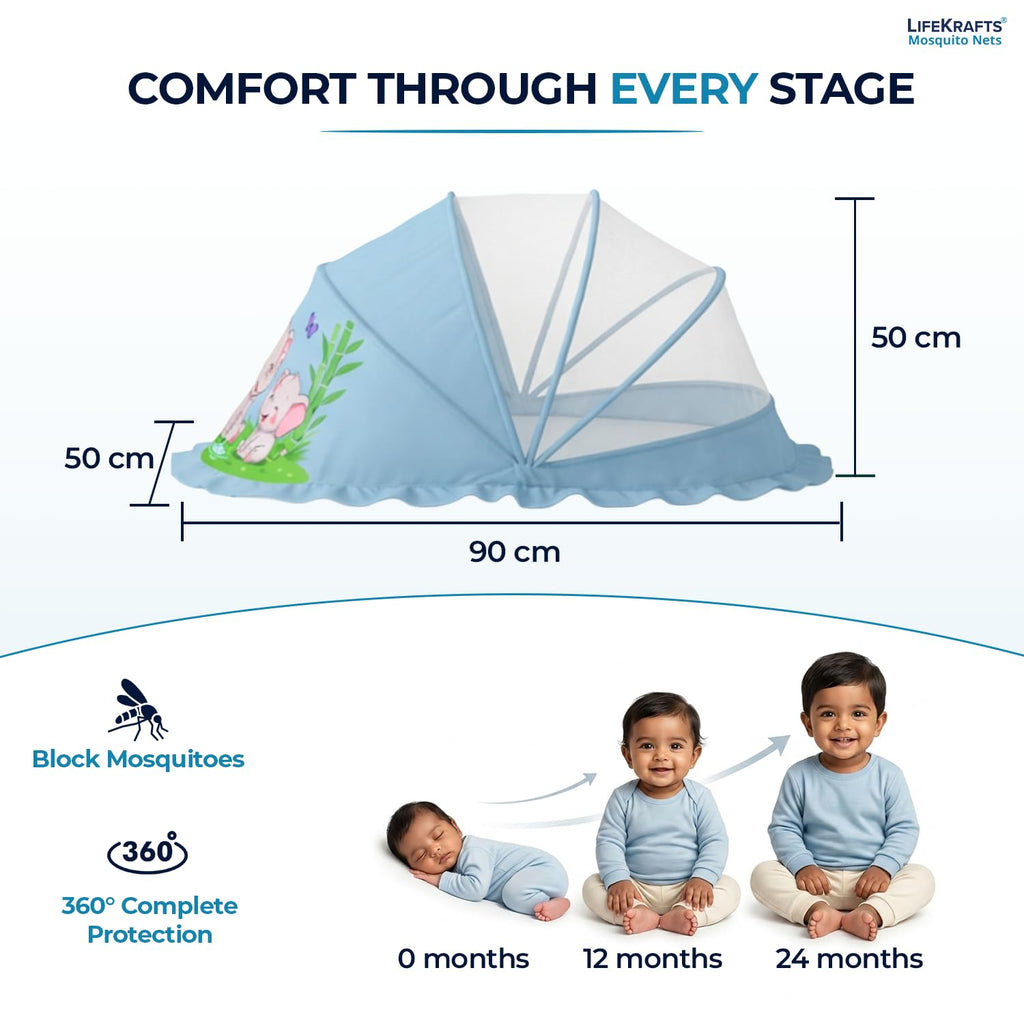 Baby Mosquito Net | Foldable | 90x50x50 cm | Baby Blue Elephant Design | LifeKrafts