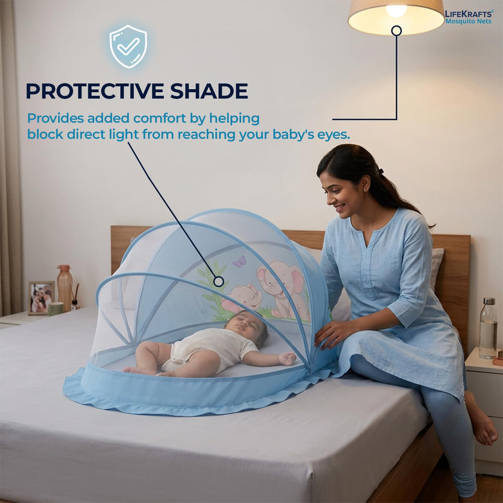 Baby Mosquito Net | Foldable | 90x50x50 cm | Baby Blue Elephant Design | LifeKrafts