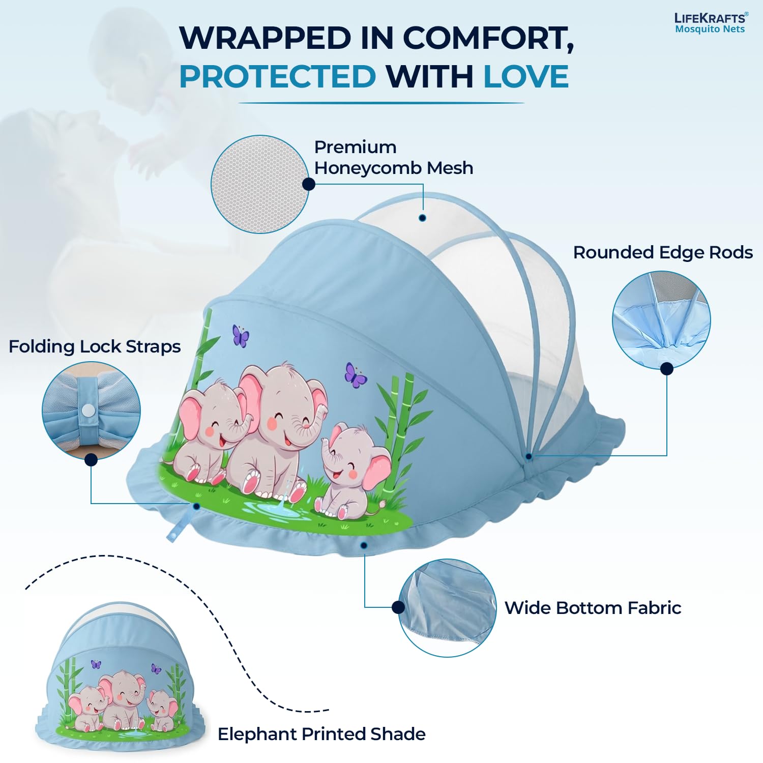 Baby Mosquito Net | Foldable | 90x50x50 cm | Baby Blue Elephant Design | LifeKrafts