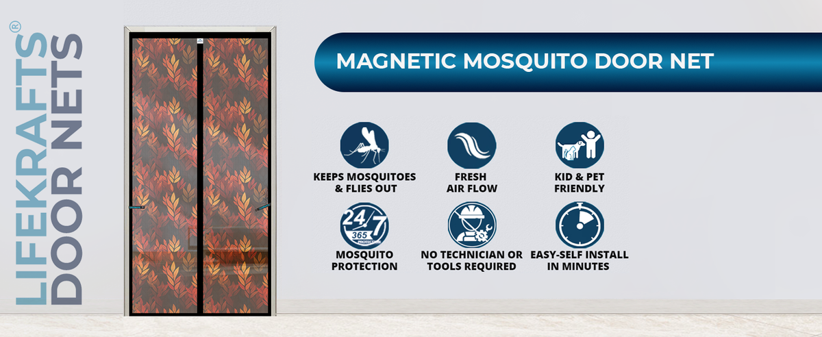 Standard Magnetic Mosquito Net For Door | Polyester | Black Leaf Design