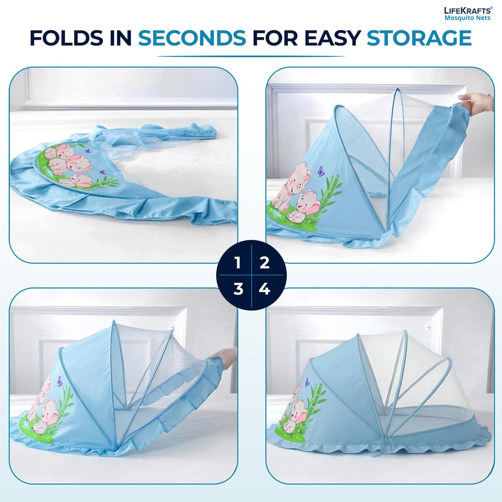 Baby Mosquito Net | Foldable | 90x50x50 cm | Baby Blue Elephant Design | LifeKrafts
