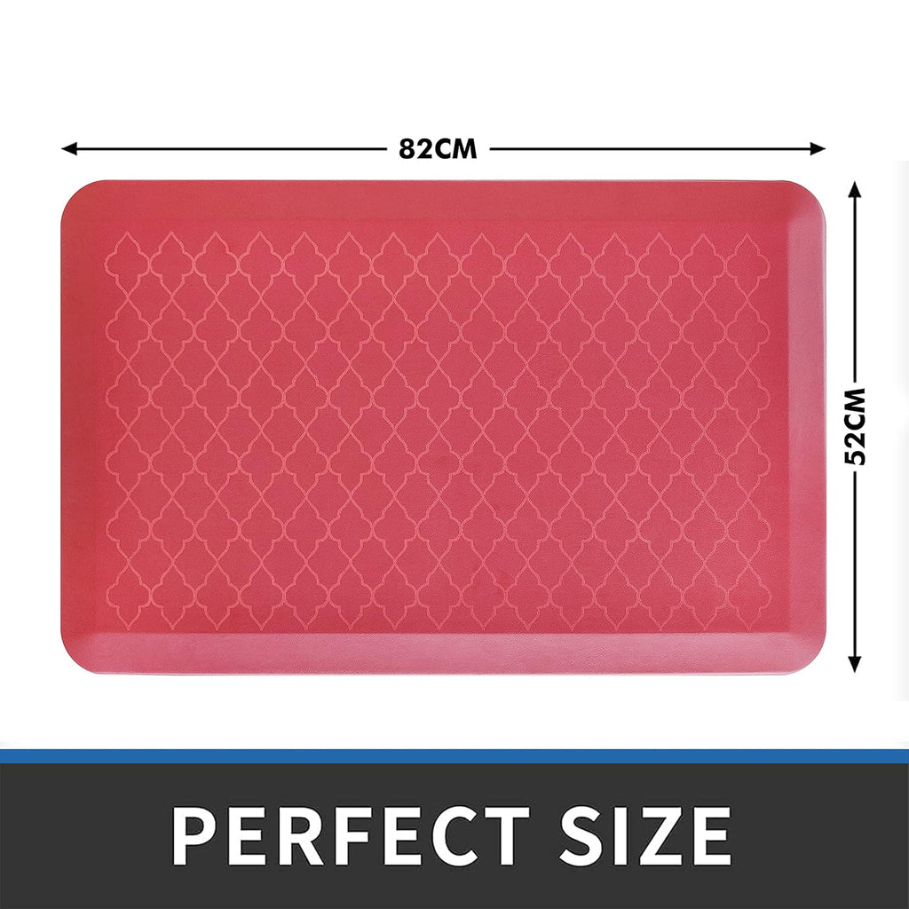 Red patterned anti-fatigue floor mat in 82 x 52 cm size with beveled edges