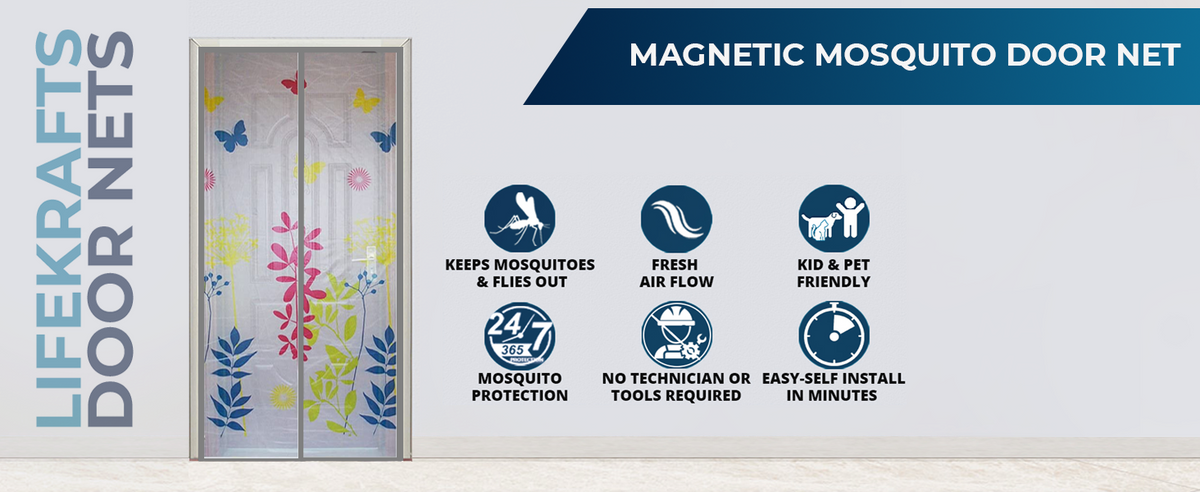 Standard Magnetic Mosquito Net For Door | Polyester | Grey Floral Design
