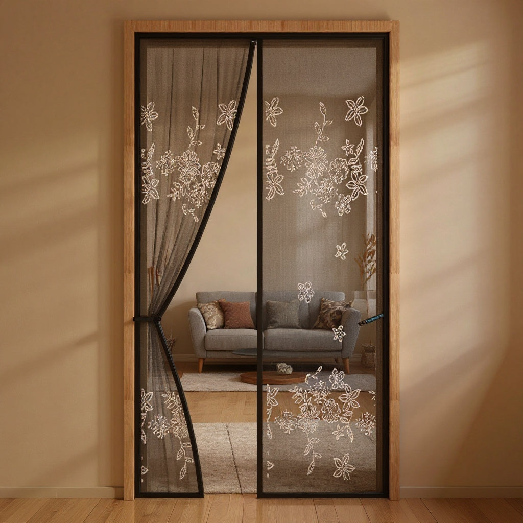 Polyester Printed  Magnetic Door Mosquito Net – Floral Jacquard Grey Design