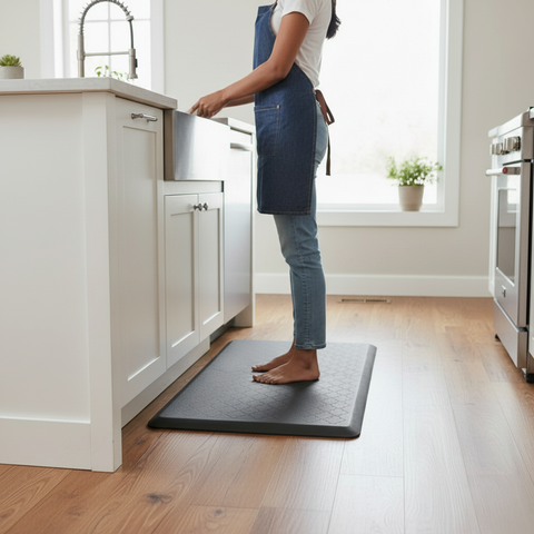 Grey anti-fatigue floor mat for comfortable standing in the kitchen