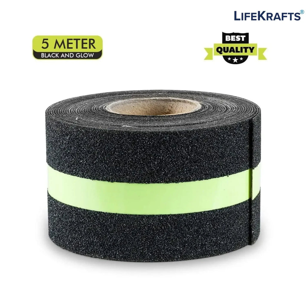 LifeKrafts 5 metre black anti-skid tape roll with glow-in-the-dark safety strip
