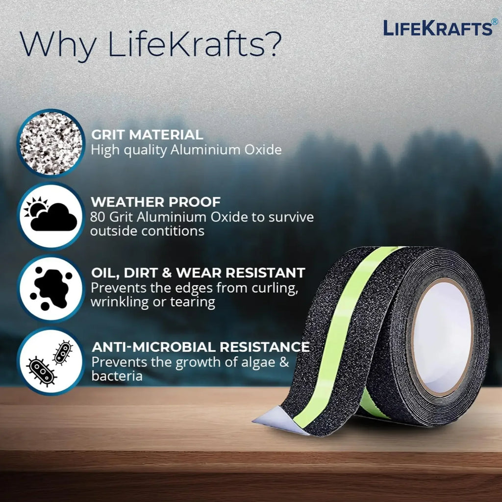 LifeKrafts black anti-skid glow tape with aluminium oxide grit for indoor and outdoor surfaces