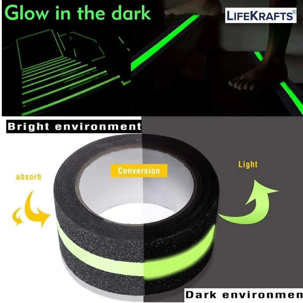 LifeKrafts black anti-skid glow tape for stairs with luminous safety strip in the dark