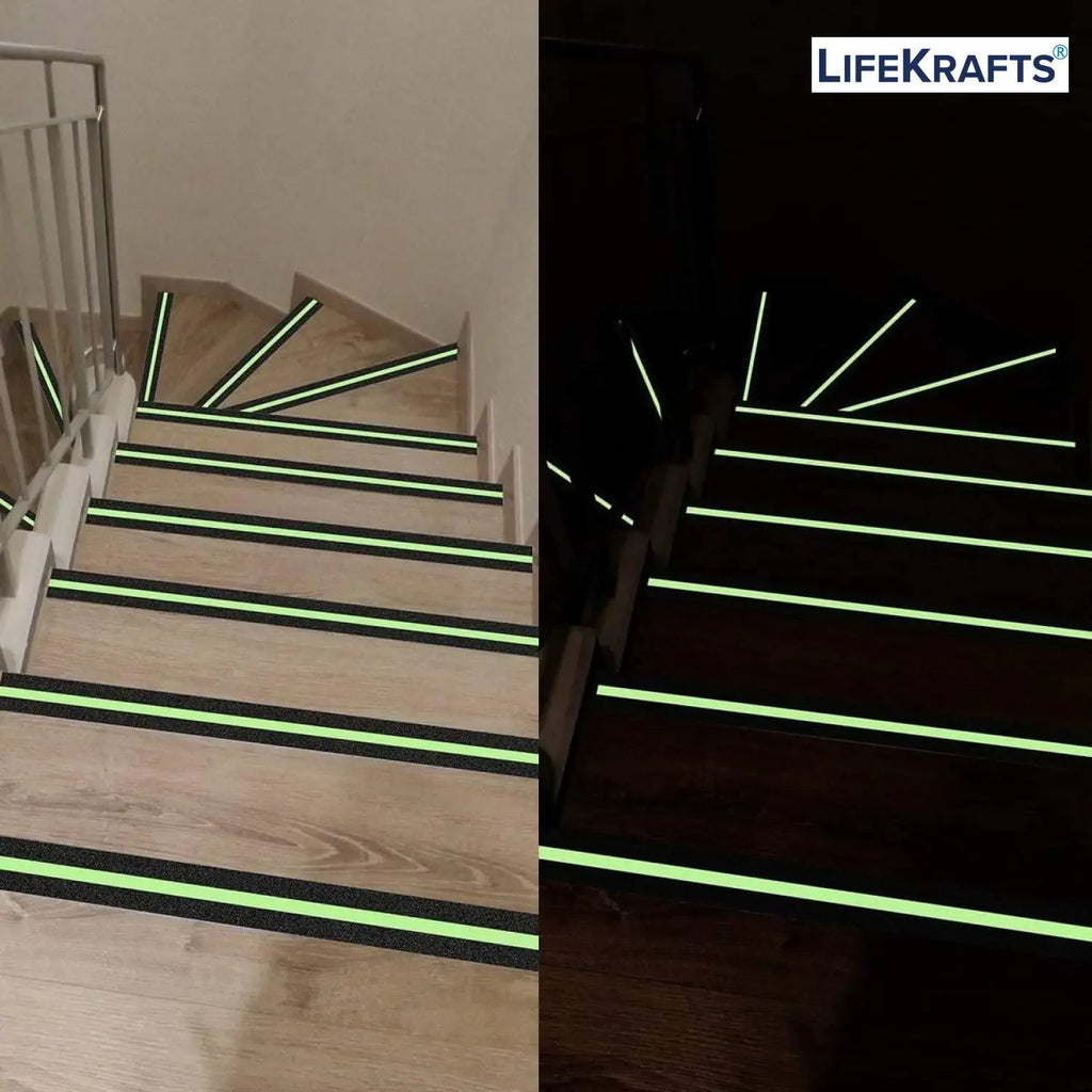 Black glow anti-skid tape installed on stairs shown in bright and dark conditions