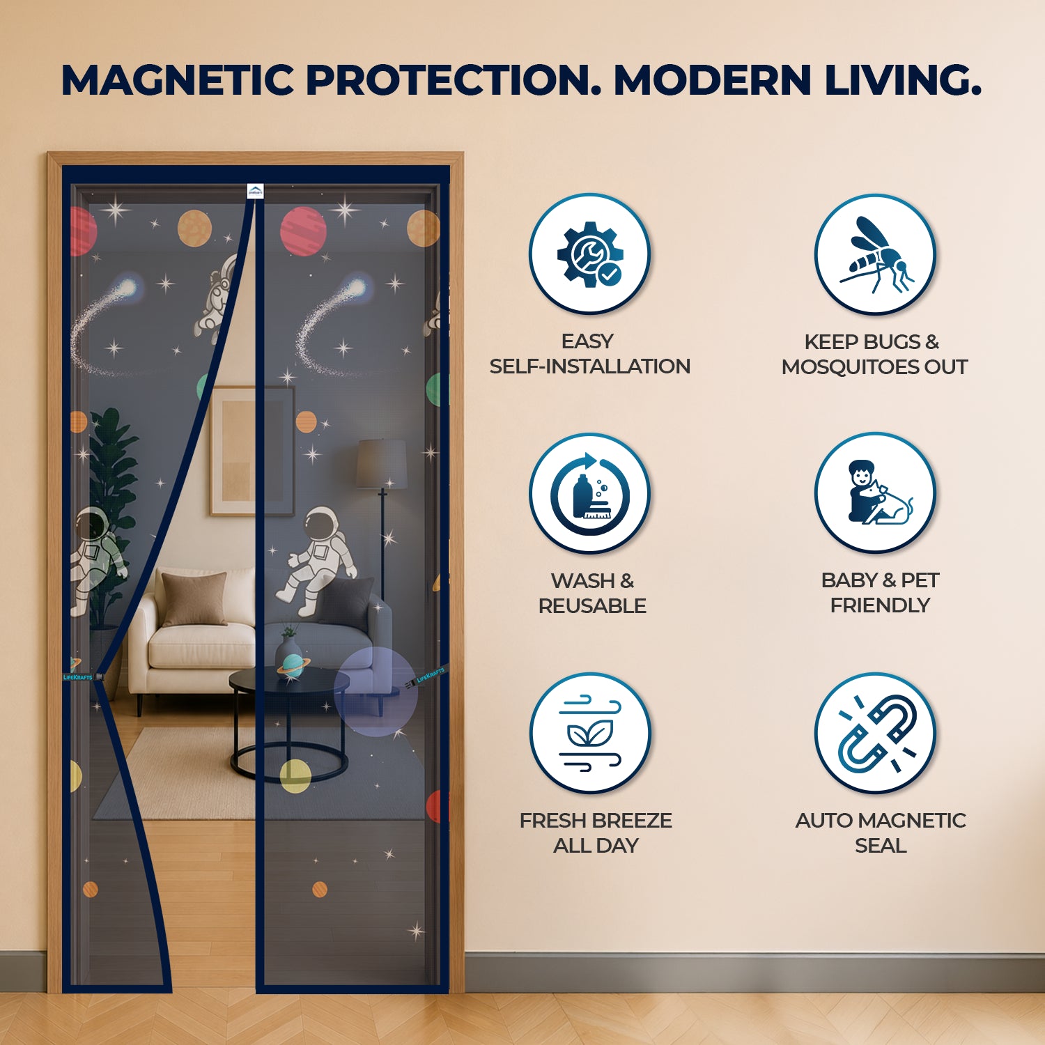 Mosquito Net for Door | Designer Polyester Net | Dark Blue Planet Theme | LifeKrafts
