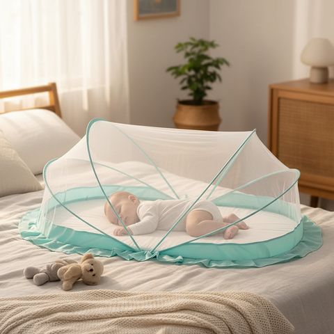 LifeKrafts Ocean Green foldable baby mosquito net on a bed with breathable mesh coverage