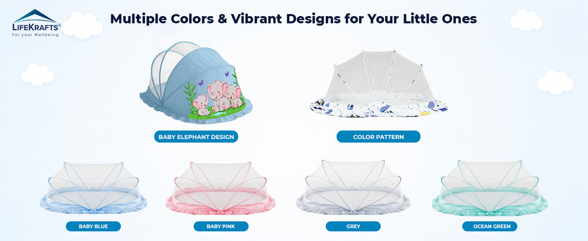 Baby Mosquito Net | Foldable | 90x50x50 cm | Baby Blue Elephant Design | LifeKrafts