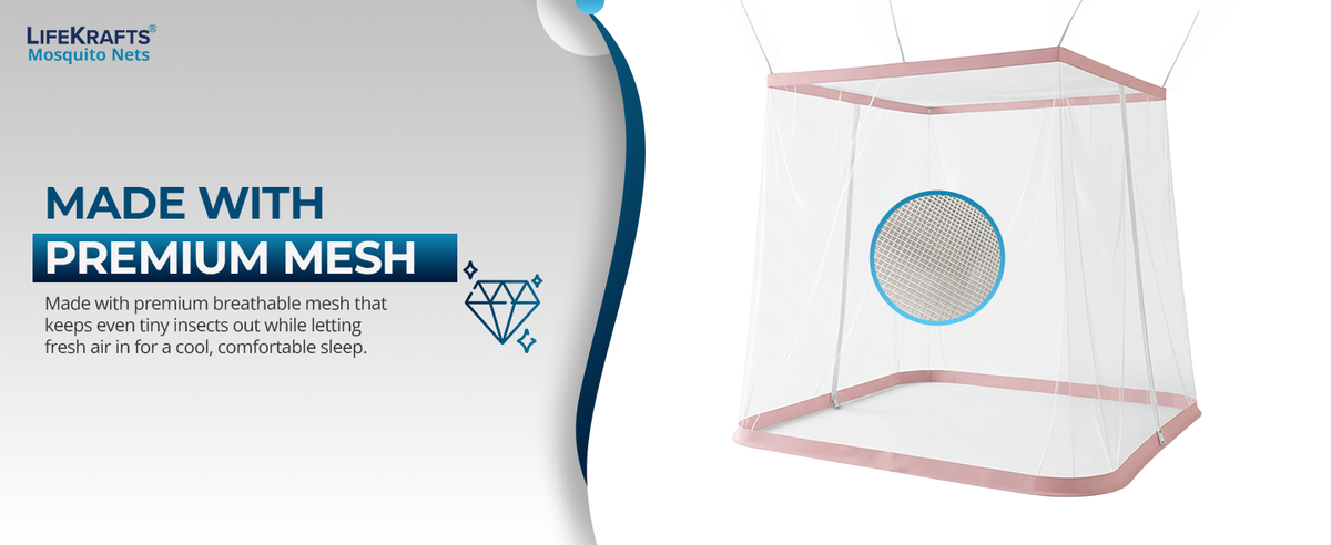 Mosquito Net for Bed - Hanging Bed Net - Polyester - Machardani - Double Zipper Entry - Elegant White with Peach Border