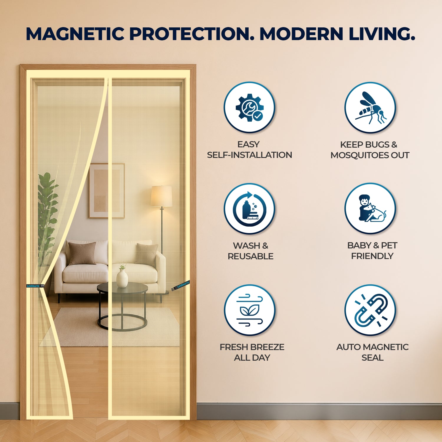 Mosquito Net for Door-Magnetic | Polyester | Beige | LifeKrafts