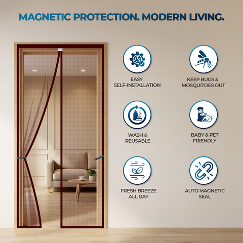 LifeKrafts Brown Fiberglass Magnetic Door Mosquito Net Curtain – Auto-Close Mesh Screen for Main Door, Balcony & Kitchen