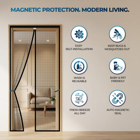 LifeKrafts Black Fiberglass Magnetic Door Mosquito Net Curtain – Sleek Mesh Screen for Main Door, Bedroom, Kitchen & Balcony