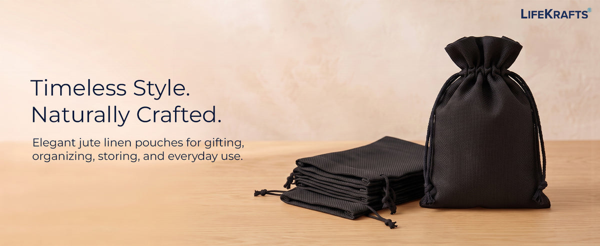 Jute Potli Bags Linen | Adjustable Drawstring Bags | Black | LifeKrafts