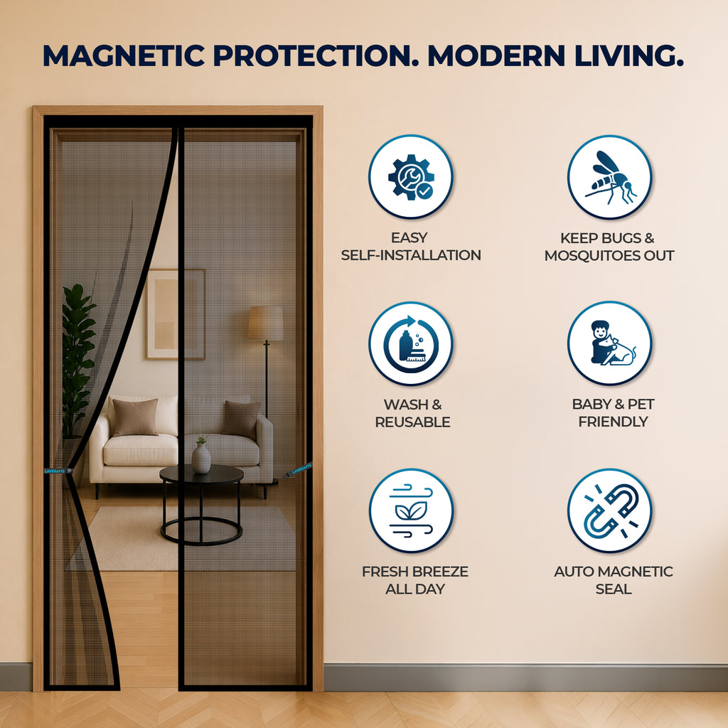 Black magnetic door mosquito net with polyester mesh for insect protection and ventilation