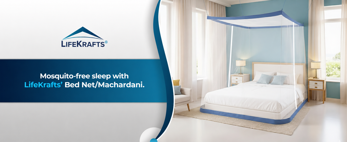 Mosquito Net for Bed | Hanging Net | Polyester | Machardani | Double Zipper Entry | Elegant White with Blue Border