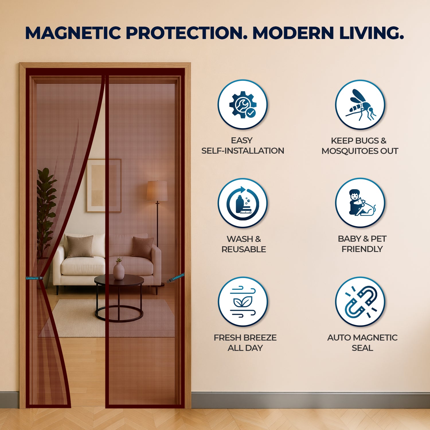 Brown magnetic door mosquito net with polyester mesh for insect protection and ventilation