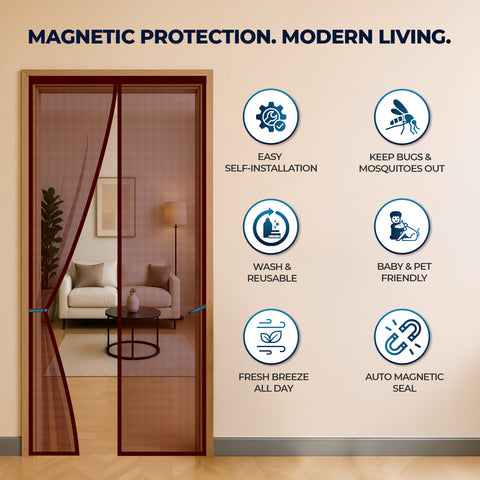 LifeKrafts brown polyester magnetic mosquito net for door with self-closing centre opening