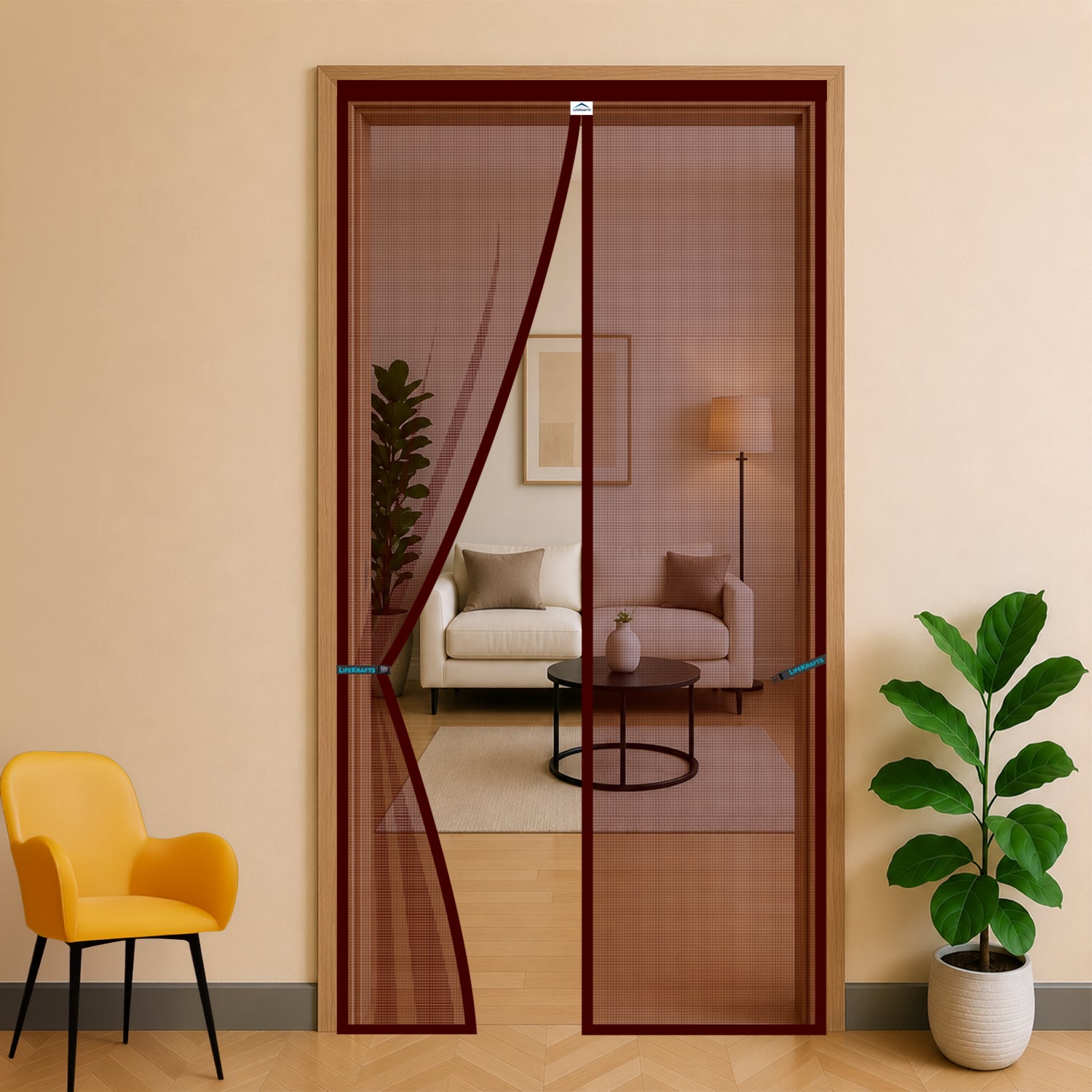 LifeKrafts brown polyester magnetic mosquito net for door with self-closing centre opening