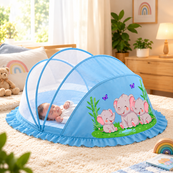 Baby Mosquito Net | Foldable | 90x50x50 cm | Baby Blue Elephant Design | LifeKrafts