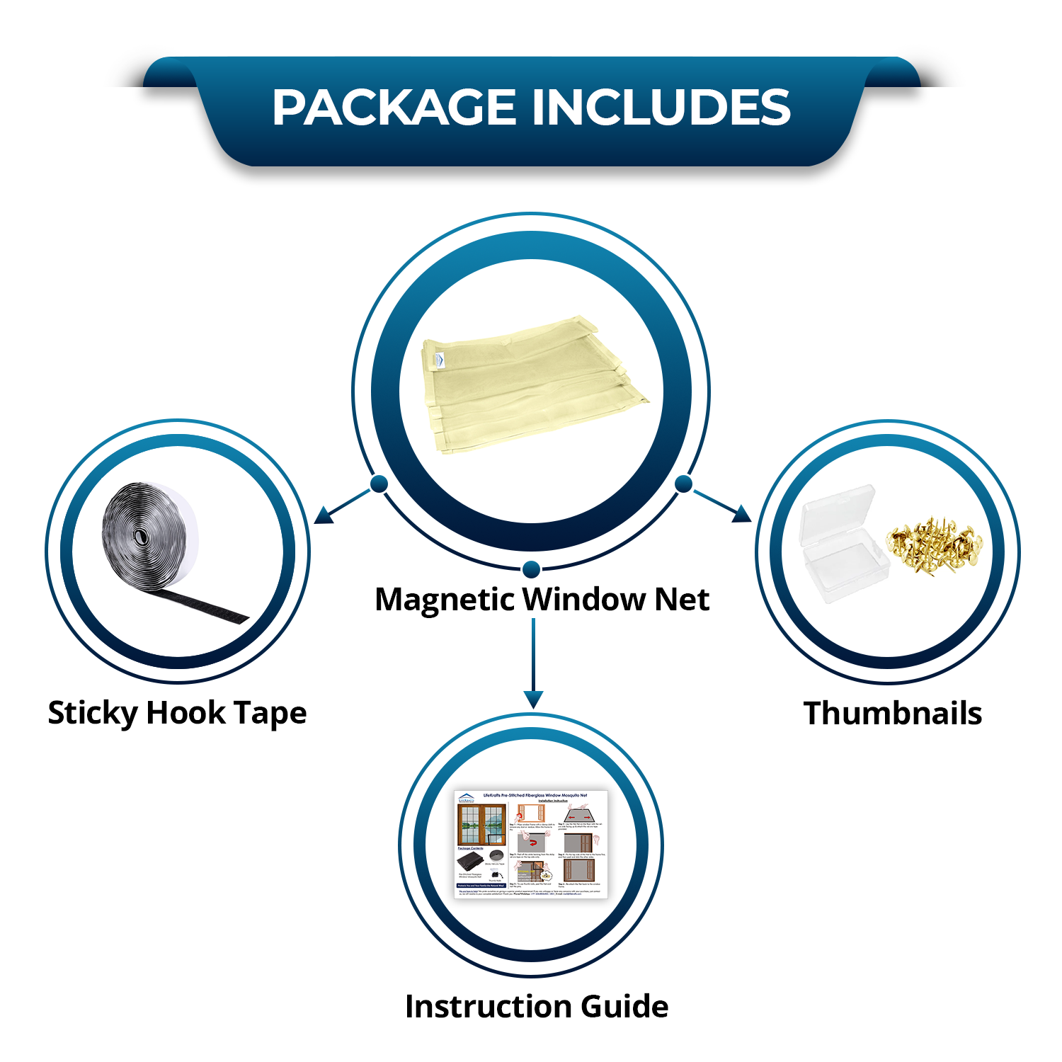 Beige magnetic window mosquito net package with hook tape, thumbnails and instruction guide