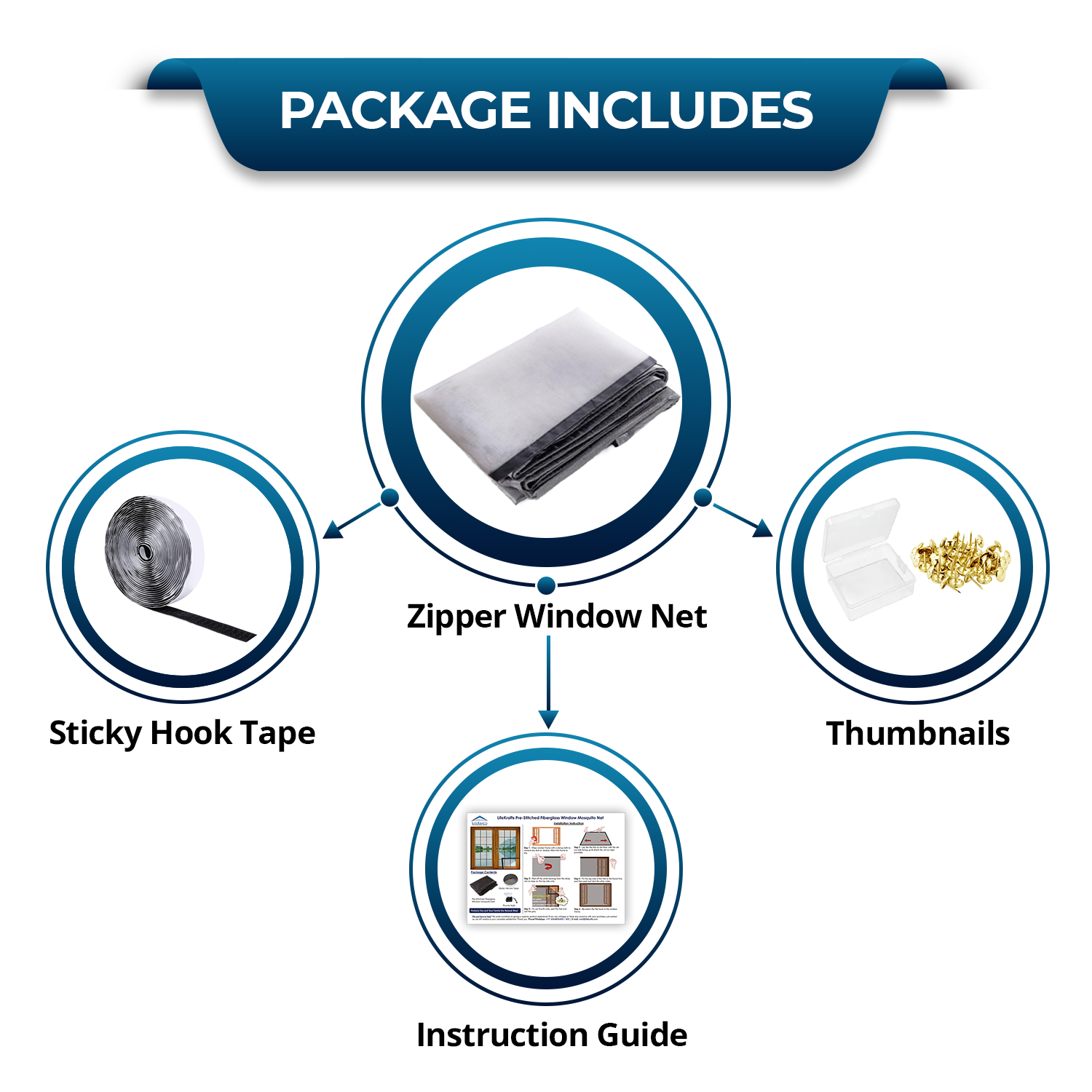 LifeKrafts White Mosquito Net Package Contents – Pre-stitched Zipper Net, Self-Adhesive Velcro Hook Tape, Thumbnails & Installation Guide – Use Code DEAL10 for 10% Off
