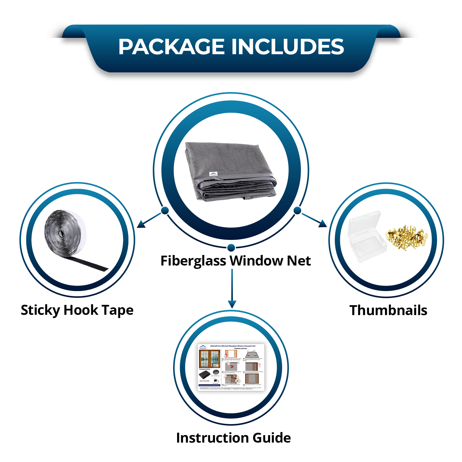Pre-stitched window mosquito net package with fiberglass net hook tape thumbtacks and installation guide