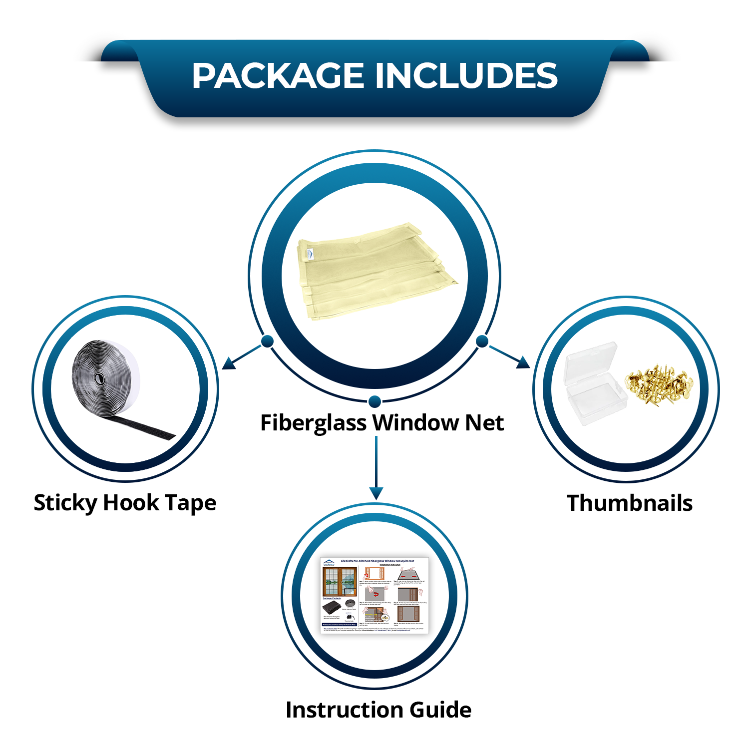 Box contents of LifeKrafts beige window mosquito net kit – custom-stitched fiberglass net, self-adhesive hook tape, thumbtacks, and step-by-step guide