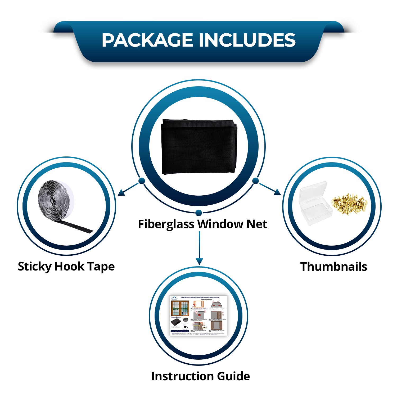Black pre-stitched fiberglass window mosquito net package contents with hook tape and installation accessories
