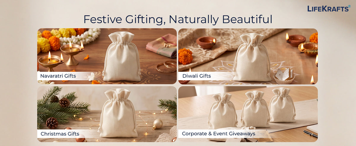 Jute Potli Bags | Adjustable Drawstring Bags | Creamwhite | LifeKrafts