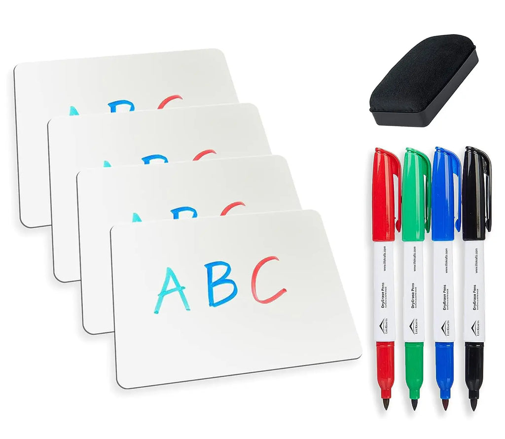 Pack of 4 single-sided dry erase lapboards with markers and eraser for reusable writing
