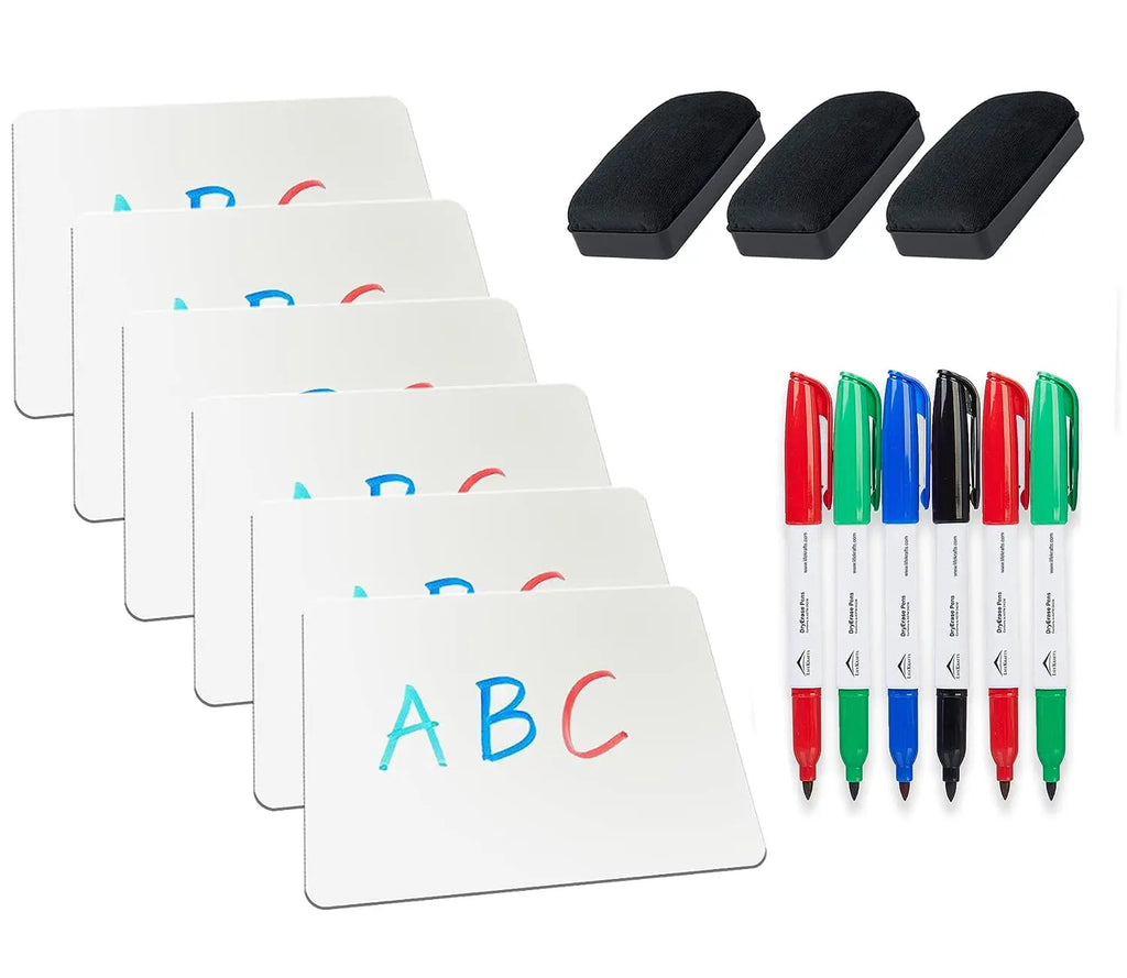 Pack of 6 LifeKrafts dry erase whiteboard lapboards with marker pens and erasers