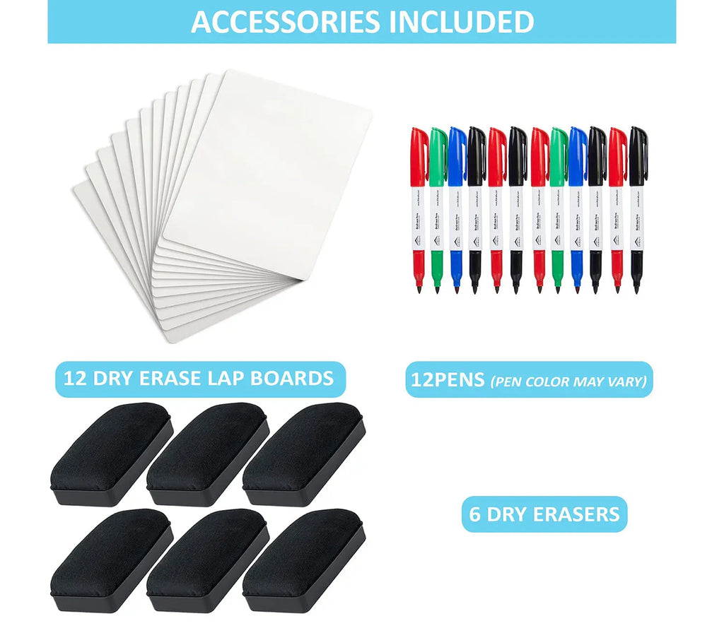 Pack of 12 dry erase lapboards with 12 marker pens and 6 dry erasers