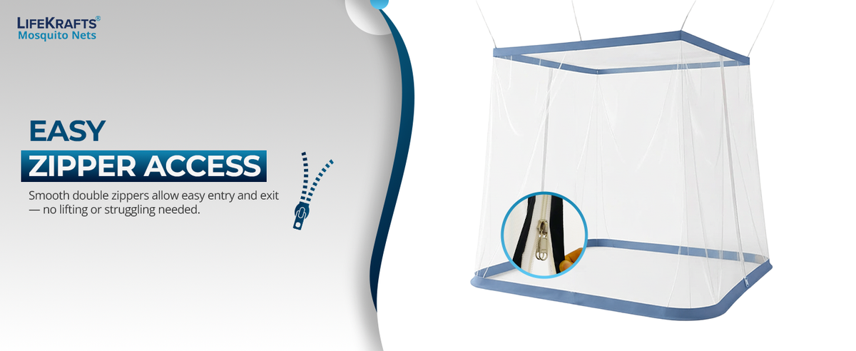 Mosquito Net for Bed | Hanging Net | Polyester | Machardani | Double Zipper Entry | Elegant White with Blue Border