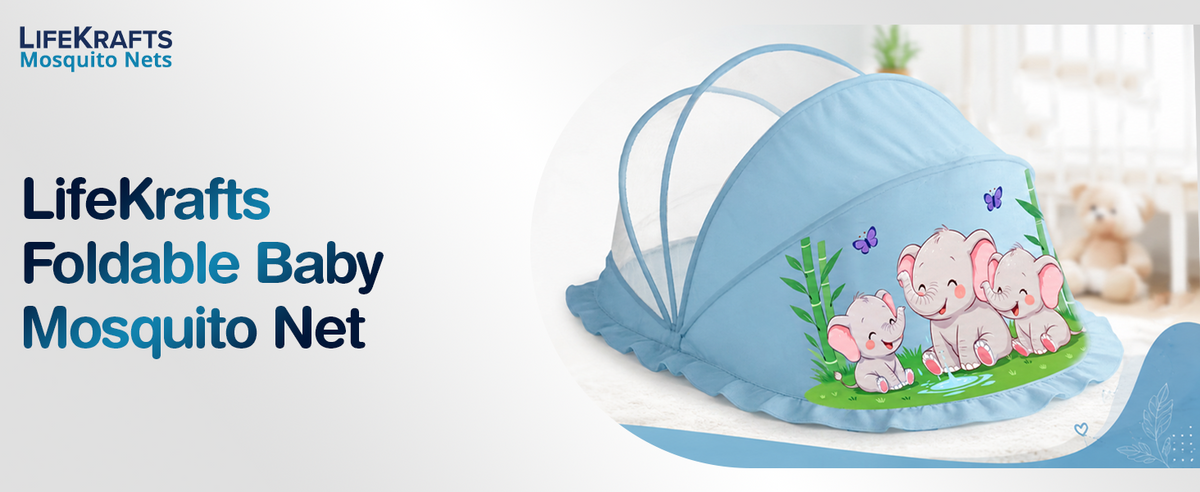 Baby Mosquito Net | Foldable | 90x50x50 cm | Baby Blue Elephant Design | LifeKrafts