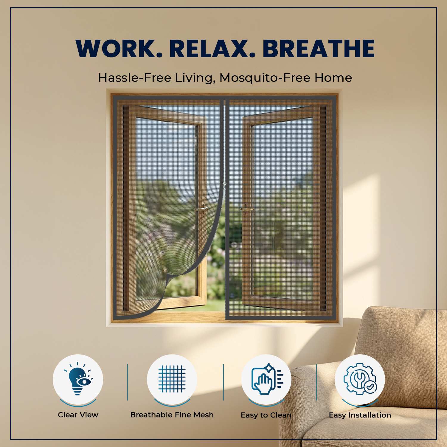 LifeKrafts Charcoal Grey Window Net Features – Strong Fiberglass Mesh, Zipper Access, Reusable & Easy to Clean, Blocks Mosquitoes & Insects While Allowing Fresh Air