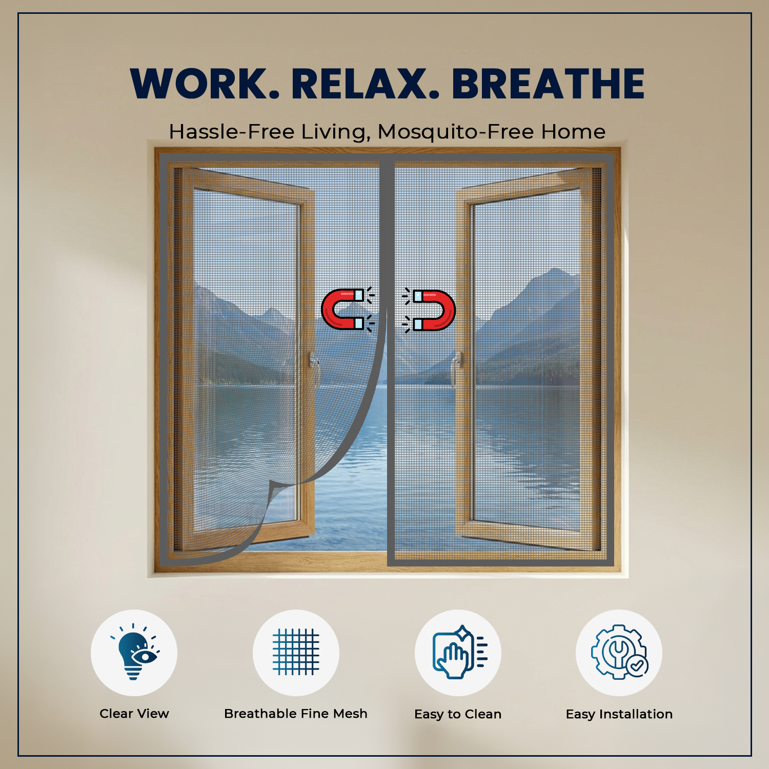 Magnetic Window Mosquito Net (Polyester) | - GREY Mosquito net LifeKrafts