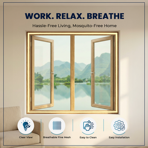 Beige fiberglass pre-stitched window mosquito net by LifeKrafts – subtle warm tone blends with most Indian home walls and window frames