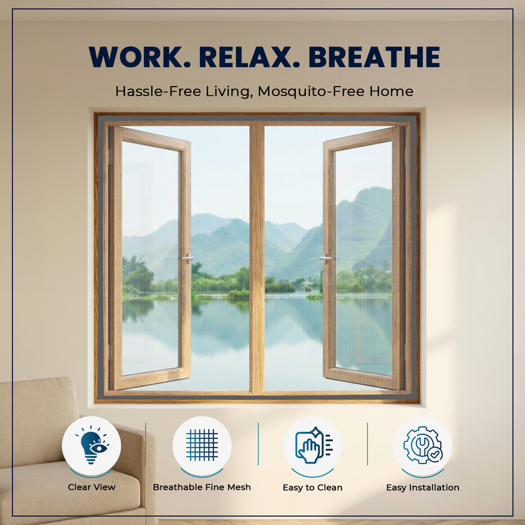 Features of white pre-stitched fiberglass window mosquito net with durable washable mesh