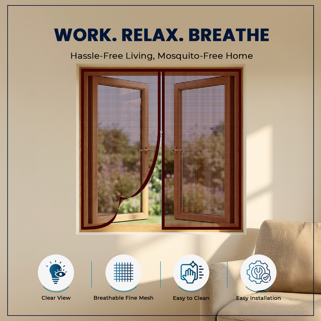 LifeKrafts Brown Window Mosquito Net Features – Anti-wrinkle 120 GSM Fiberglass Mesh, Zipper Access, Washable & Reusable, All-Season Insect Protection