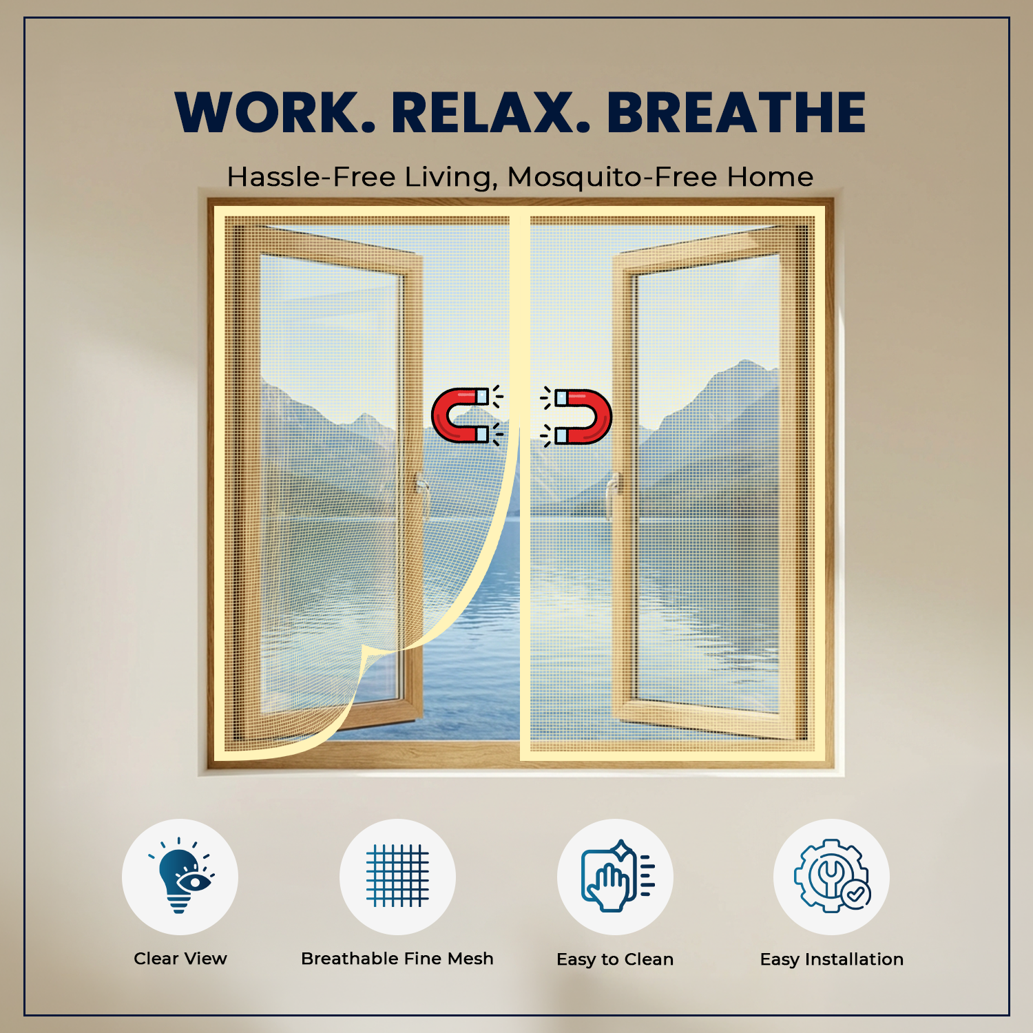 Features of beige magnetic window mosquito net with breathable mesh, clear view and easy cleaning