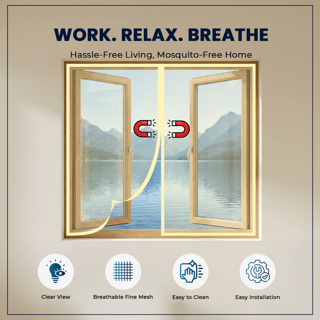 Features of beige magnetic window mosquito net with breathable mesh, clear view and easy cleaning