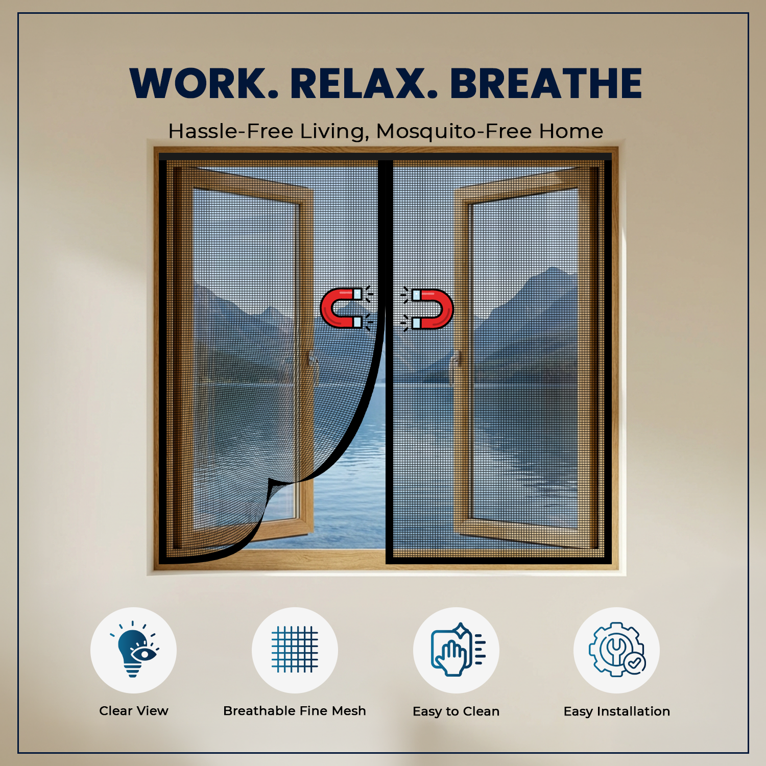 Features of black magnetic window mosquito net with breathable mesh, clear view and easy cleaning