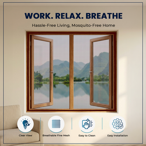 Brown fiberglass pre-stitched window mosquito net by LifeKrafts – warm earthy tone ideal for wooden window frames and traditional home interiors